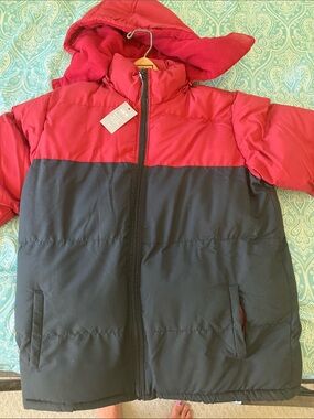 Kids Two-Tone Red and Black Puffer Jacket with detachable Hood